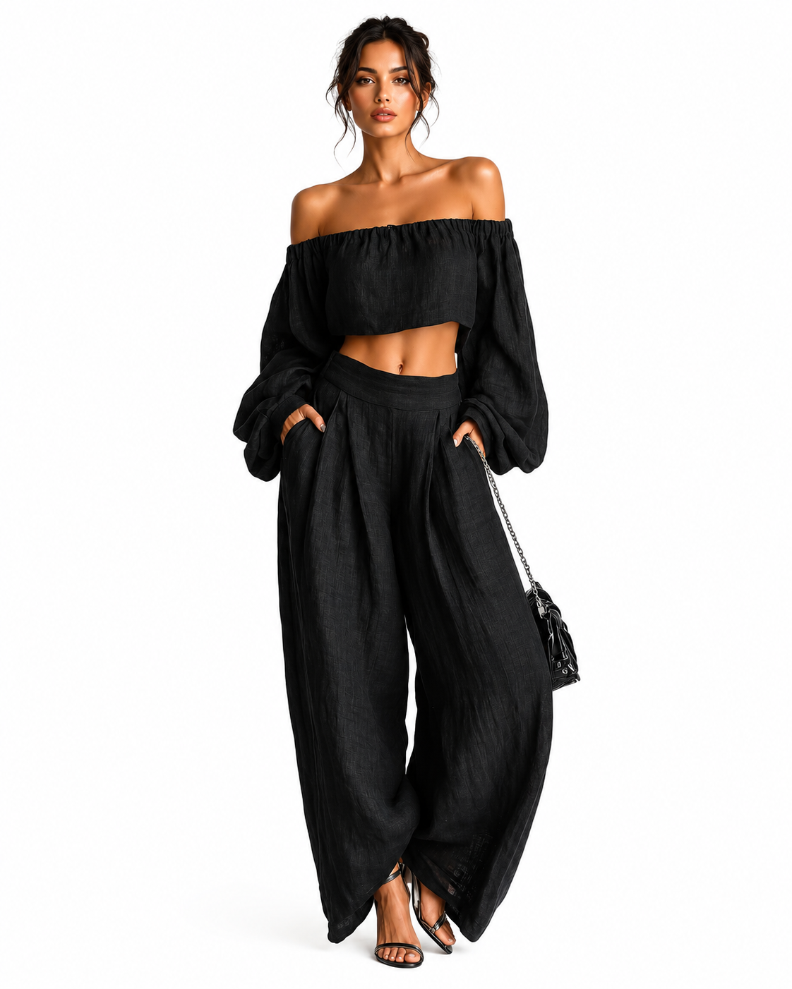 Tess | Conjunto de pantalón ancho con hombros al descubierto