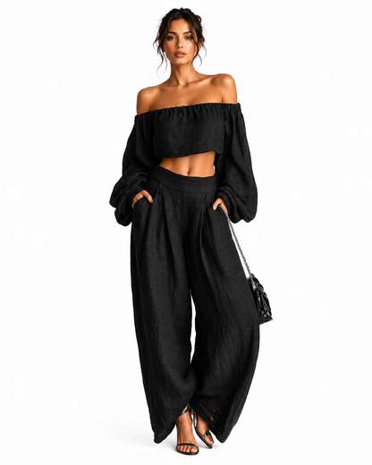 Tess | Conjunto de pantalón ancho con hombros al descubierto