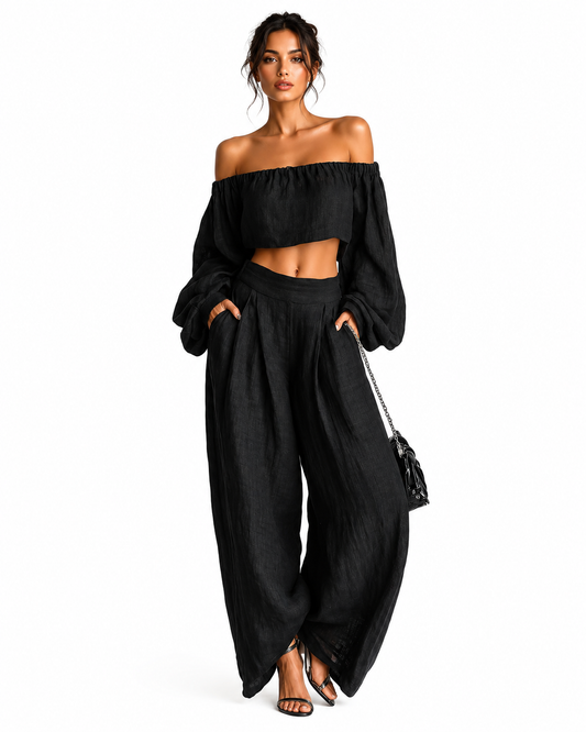 Tess | Conjunto de pantalón ancho con hombros al descubierto